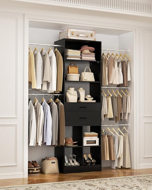 Besiost Small Closet System, 3.2-6.8FT Small Closet Organizer with 2 Wooden Drawers & 5 Hanging Rods, Can Fit 37.5 to 81.9 inch Walk-in Closet System, Built-in, Black, Enclosed Storage Volume 2.32 ft³