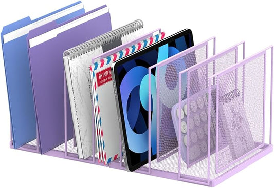 File Organizer for Desk, 7-Section Vertical File Sorter, Paper Holder Organizer Standing Metal File Folder for Office Home Classroom, Purple