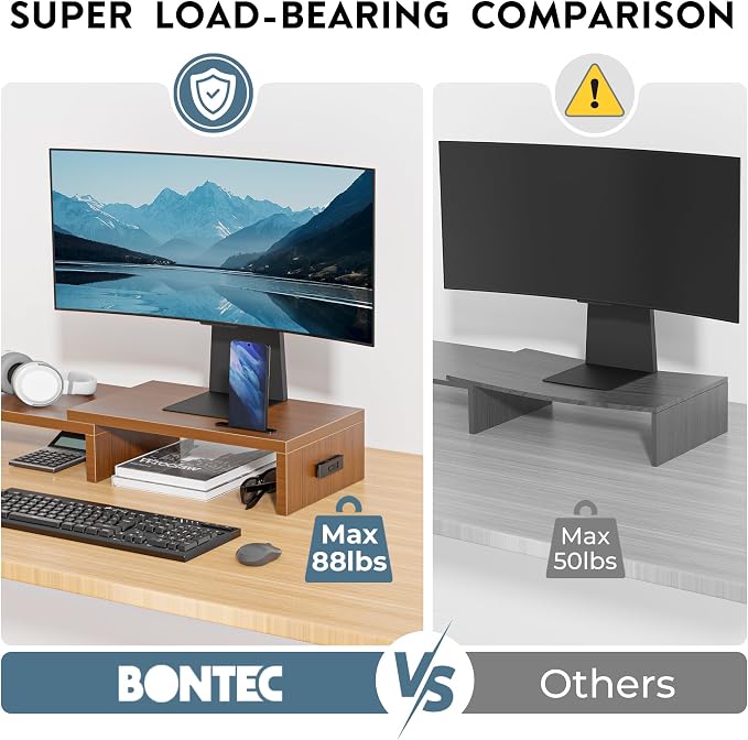 BONTEC Dual Monitor Stand Riser, Adjustable Length & Swivel Angle, Walnut | Ergonomic Wooden Desktop Organizer with Smartphone Holder, Computer Monitor Stand for PC, Laptop, Printer and Large Storage