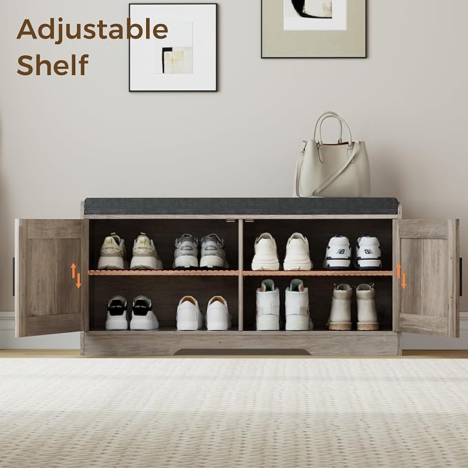 Homleke Shoe Storage Bench, 2 Doors & Thickened Padded Seat Cushion | 2-Tier Shoe Bench, Entryway Bench, Adjustable Shelf, 13.8" D x 37.4" W x 18.5" H, for Living Room, Bedroom, Greige