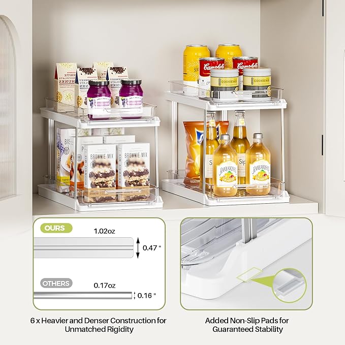 Delamu 2-Tier Bathroom Under Sink Organizers and Storage, Pull Out Cabinet Drawers with Anti-Slip Design, Multi-Purpose Storage for Kitchen, Pantry, Bathroom & Home Organization, White, 2 Pack