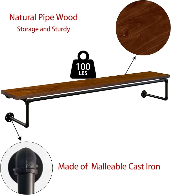 Clothes Rack 70in, Wall Mounted Garment Racks with Walnut Solid Wood Shelf, Heavy Duty Hanging Clothes Rack, Multi-Purpose Hanging Rod, Space-Saving Closet Storage