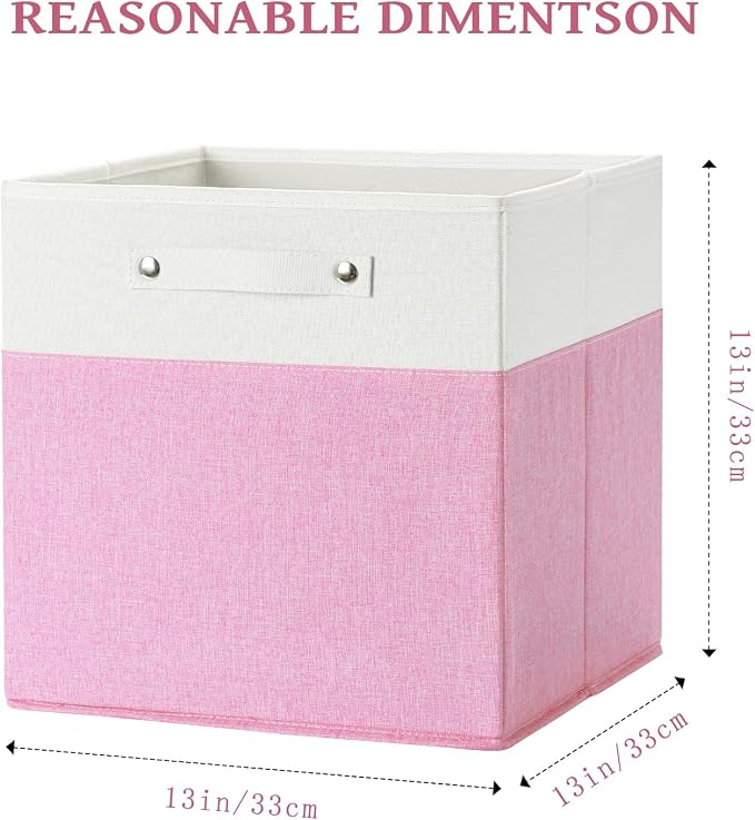 FinishingBo 13x13x13 Storage Cube Bins 4 Pack, Cube Shelf Baskets | Foldable Storage Cubes, Linen Storage Bins with Handles, Closet Organizers, White/Pink