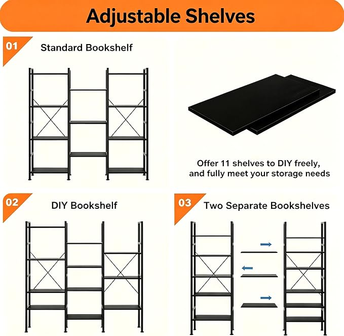 HealSmart Triple Column 4 Tier Bookshelf, Industrial Bookcase with 11 Open Display Adjustable Shelves, Wide Convertible Display Modern Bookshelf for Living Room & Home Office, Black