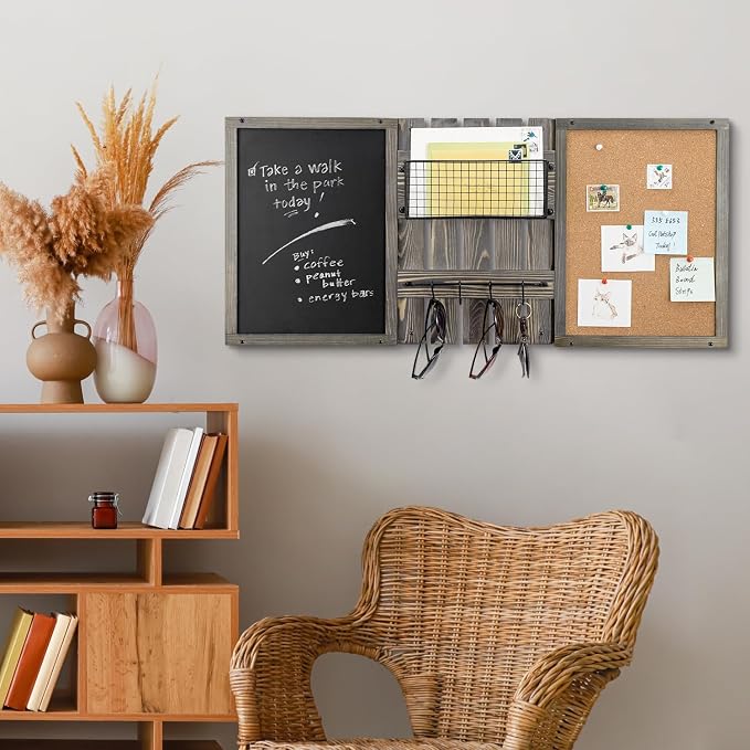 MyGift 3 Panel Gray Solid Wood Bulletin Board Set Chalkboard Cork Board | Wall Mounted Design, Mail Basket Storage, Hanging Rail, Entryway Command Center, Home Office Organization