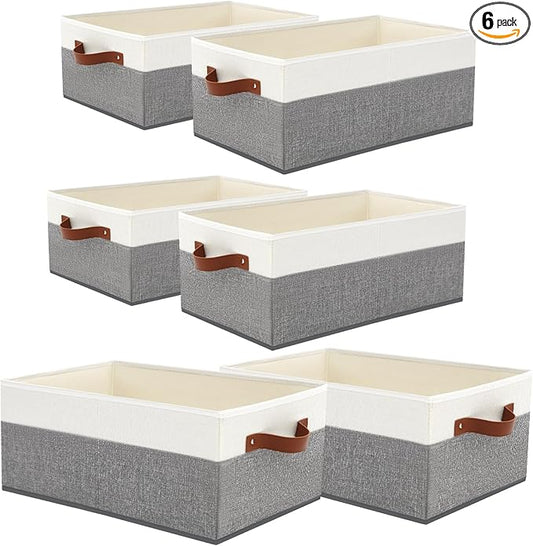6 Pack Closet Storage Bins, Storage Baskets for Shelves | Linen Closet Organizers and Storage with Leather Handles for Clothes,Towels, Sheets, Jeans, Toys, Books (Grey and White)