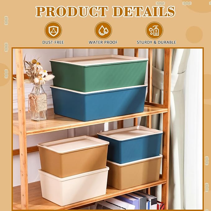 6 Pcs Large and Small Plastic Storage Bins with Lids 14.4 x 10.4 x 5.1 Inch Stackable Storage Containers Decorative Cubby Organizer for Clothes Shelves Garage Closet Office (Neutral color)