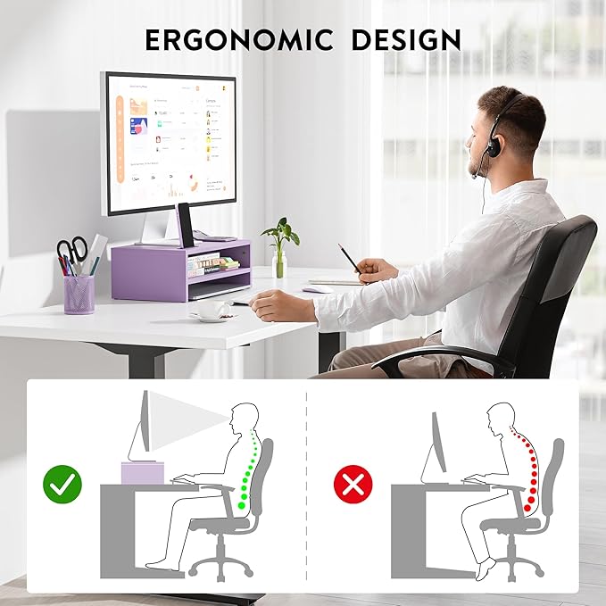 BONTEC Wooden Monitor Stand Riser for Desk, 2-Tier Computer Monitor Stand | 66 lbs Desk Shelf Organizer with Storage, Laptop & Printer Stand with Phone Holder and Cable Management, Purple, 16.5 Inch
