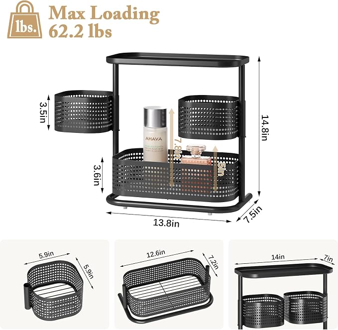 KINGRACK Metal Bathroom Counter Organizer，Rotating Countertop Storage Shelf | 3 Tier, Cosmetic Holder for Skincare & Makeup, Kitchen Spice Rack, Bedroom Nightstand Organizer, Black