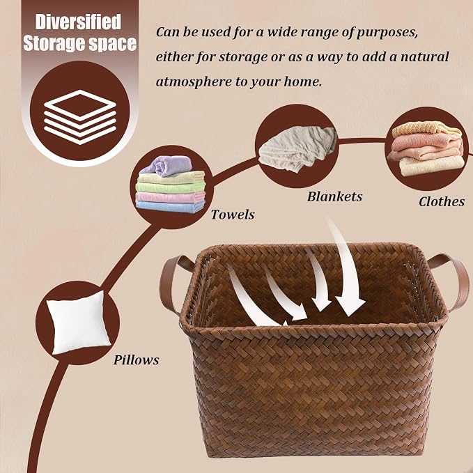 BROWNLILY Handwoven Clothes Basket Laundry Hampers Large Wicker Storage Baskets for Shelves Blankets Closet Storage Bins Car Bedroom Bathroom Organizers and Storage Bath (Pack of 10, Brown)