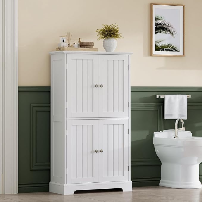 ChooChoo Bathroom Floor Cabinet with Adjustable Shelves | Bathroom Storage Cabinet, 4 Doors, Freestanding Cupboard for Living Room, White
