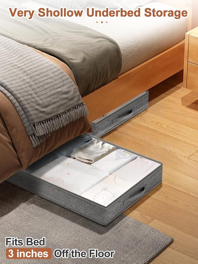punemi Low-Profile Under Bed Storage Containers, 20 x 40 x 3 in, 4 Pack | No Rigid Structure, Soft Cloth Construction, Foldable, Zippered, for Blanket Storage, Under Crib, Couch, Sofa & Dorm Bed