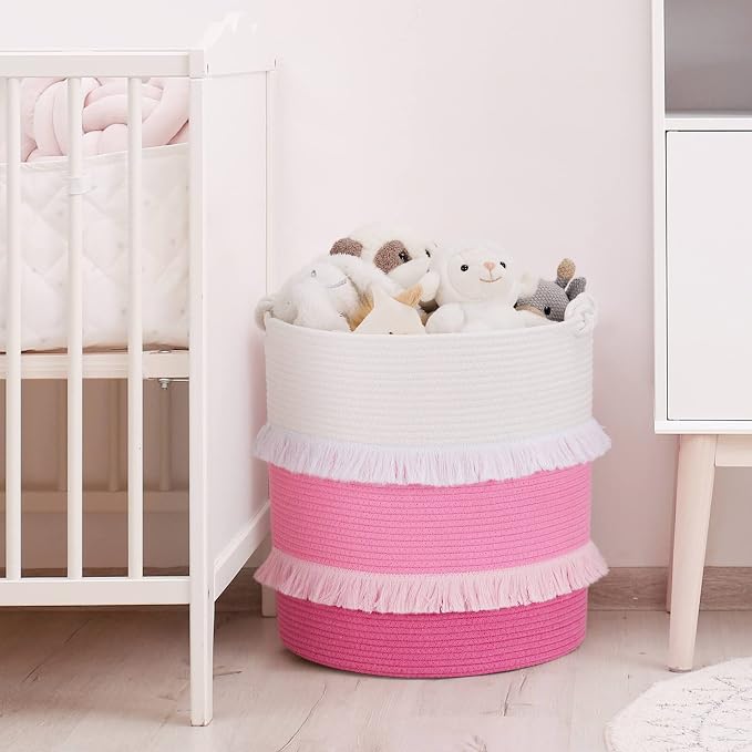 CherryNow 60L Woven Rope Baby Basket with Tassel, 17" x 16", Pink | Decorative Baby Laundry Basket for Blankets & Towels Storage, Fits Girls' Living Room & Nursery Decor, with Knotted Handles