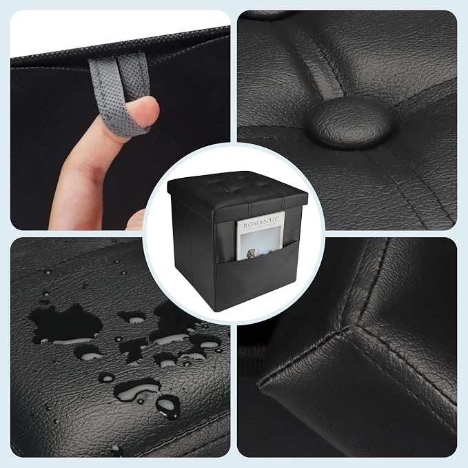 Bsketa Storage Ottoman Bench,15 Inch Folding Leather Foot Rest Stool, Black | Small Ottoman with Side Pockets, Thicker Foam Padded Seat, Livingroom, Dorm, Bedroom, Easy to install, 40L, 15x15x15in