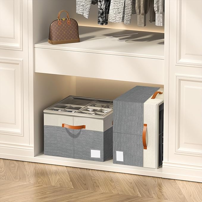 Aokeyee Shoe Organizer for Closet,2 Pack Foldable Shoe Storage Organizer Box Bin with Adjustable Dividers and Clear Cover, Fits up to 16-32 Pairs