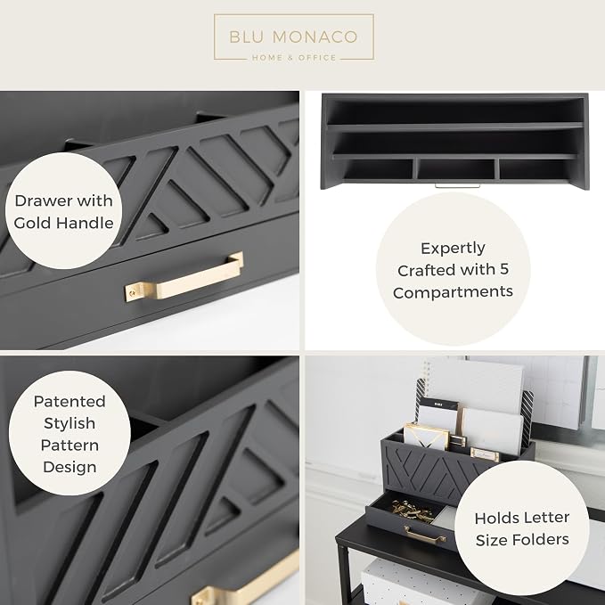 BLU MONACO | Wooden Mail Organizer with Drawer Gold Handle | Mail Sorter Organizer Countertop and Outgoing Mail Holder | Tabletop Organizer with Drawers Grey Desk Storage
