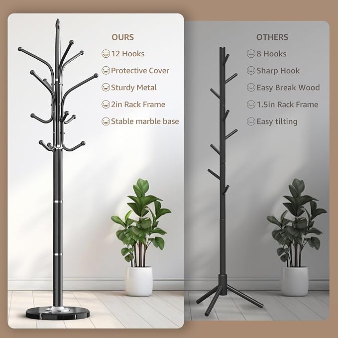 HzTinT Heavy Duty Coat Rack with Marble Base, 12 Hooks, Adjustable Heights | Freestanding Coat Tree, Metal Coat Stand, For Coats, Bags & Hats in Entryway, Black