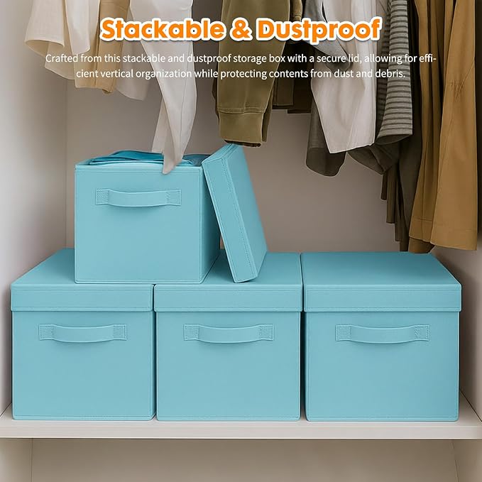 ShellKingdom Storage Bins, Foldable Fabric Storage Cube with Lid for Closet | Clothes Storage Organizer Drawer For Closet Toys Storage, 10.5 X 10.5 X 11 INCH, 2 Pack (Light Blue)