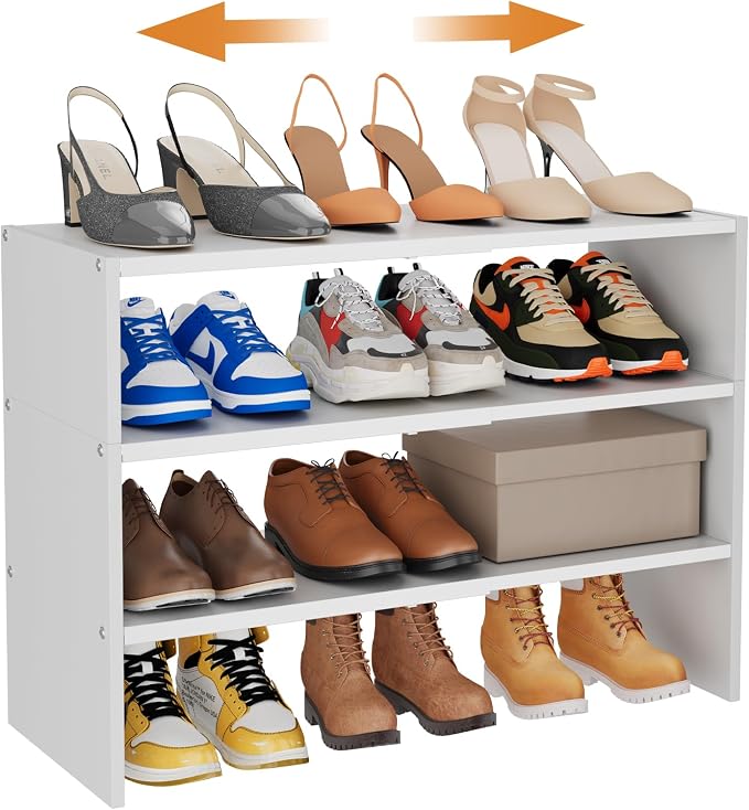 3-Tier Expandable White Shoe Rack Organizer for Closet, Stackable Shoe Racks Storage Shelf, Small Metal Wood Combination Shoe Shelves for Closets,Entryway,Front Door, Narrow Space,Hallway,8-16 Pairs