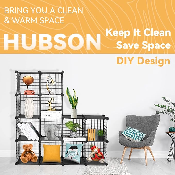 HUBSON Wire Cube Organizer, Book/Toy/Craft/Potted Plants and Pet Closet Organizers, 16-Cube Freely Combinable Metal Grids Storage Shelf, Black Plus Iron