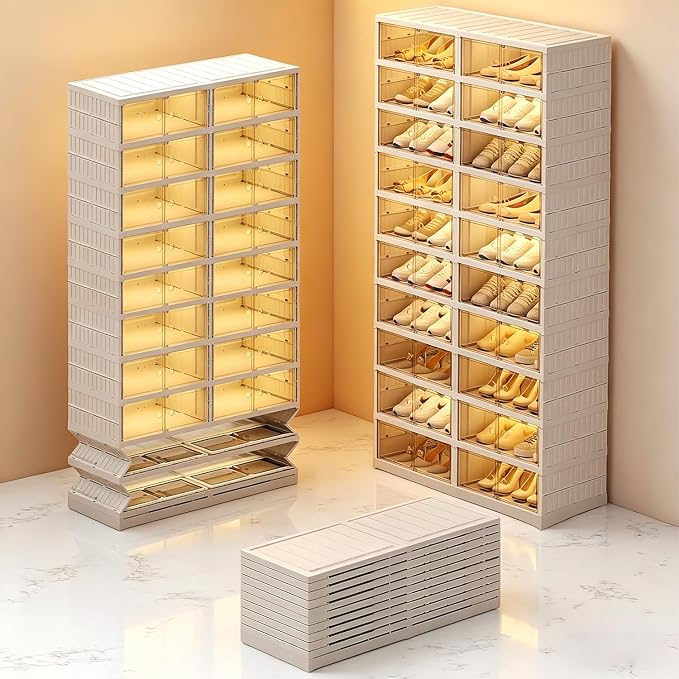 Shoe Rack Storage Cabinet Organizer 10 Tiers 40 Pairs Shoes Box Foldable Stackable Closet Shelf, Entryway, Living Room Large Container with Magnetic Clear Door, Dustproof for Sneakers & Boots