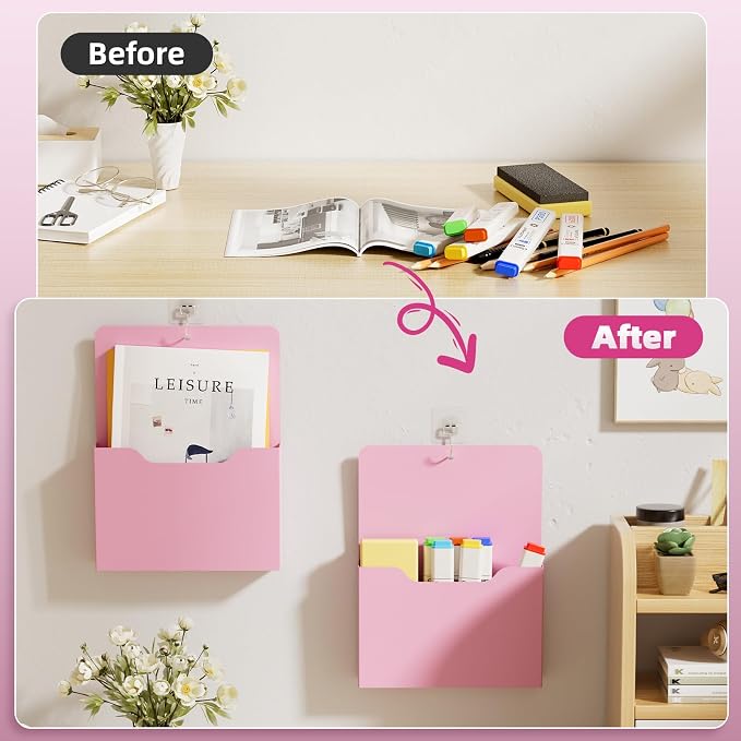 Magnetic File Holder - Magnetic Paper Holder, Pocket Organizer Office Supplies Storage Mail Organizer for Notebooks,Planners,Letter (Pink)
