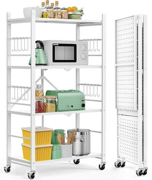 Himix Storage Shelves with 20 Hooks, 4-Tier Foldable Shelves for Storage, Folding Shelf Unit Pantry Shelves with Wheels, Metal Shelving Storage Rack Shelf for Kitchen Garage Home, White - No Assembly | Metal collapsible organization, Folding shelves ra...