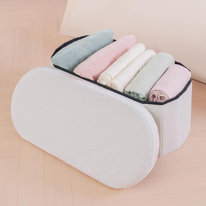 B FSOBEIIALEO Ottoman with Storage for Living Room, Sherpa Folding Storage Ottoman Foot Rest, 30 Inches Collapsible Bedroom Bench White Cream
