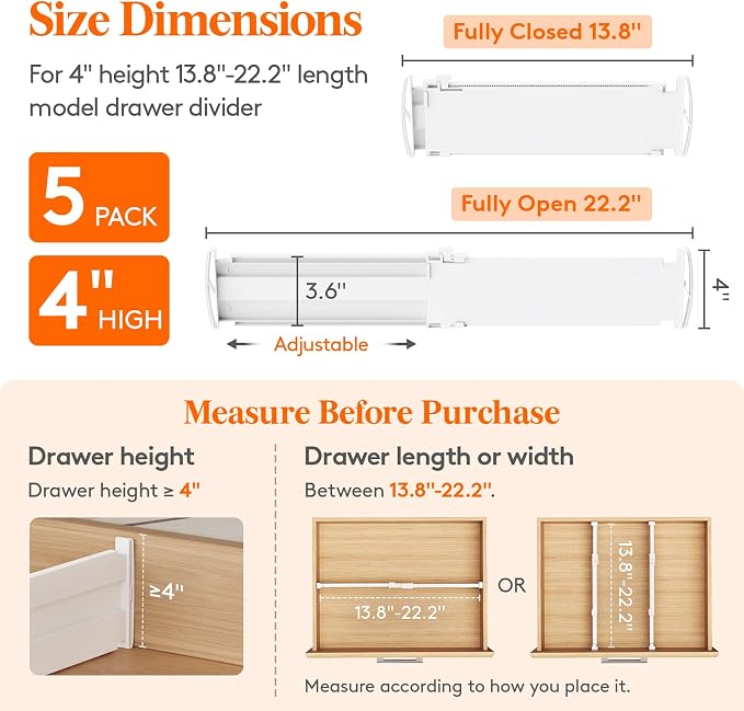 Lifewit 5 Pack Drawer Dividers for Clothes, 4" High 13.8"-22.2" Expandable Dresser Drawer Organizers, Adjustable White Plastic Separators for Kitchen, Cabinet, Nursery, Socks & Underwear Storage