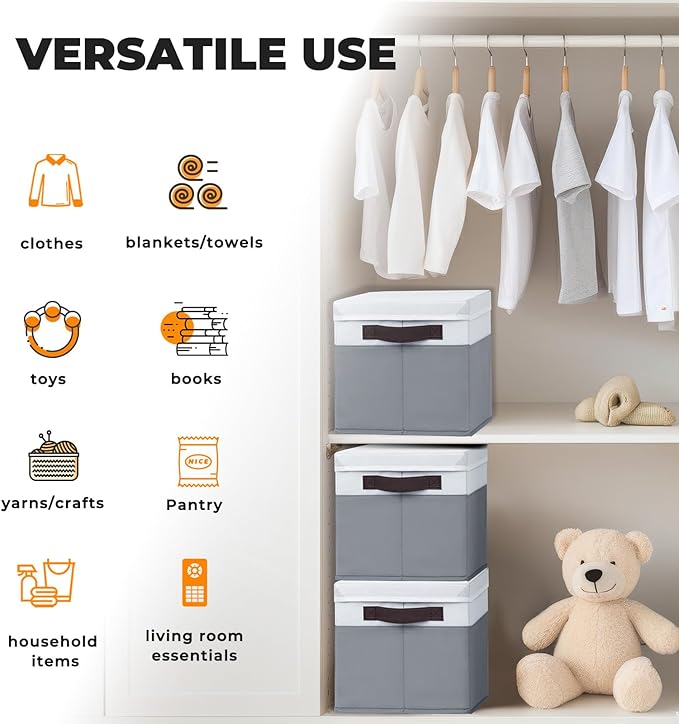 Large Closet Storage Baskets Bins with Lids 4 Pack, Storage Baskets for Organizing Shelves Nursery Bedroom, Home Dorm Closet Organizers Cubes for Clothes Toys Blanket Book - Stackable -14x10x9.5