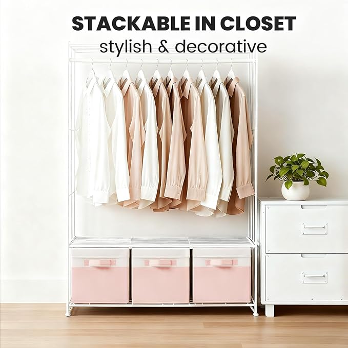 Large Closet Organizer Bins with Lids 4 Pack - 23 QT Collapsible Decorative Storage Boxes with Lids - Clothes Storage Bins with Handles - Fabric Containers for Living Room, Dorm, Nursery - Pink
