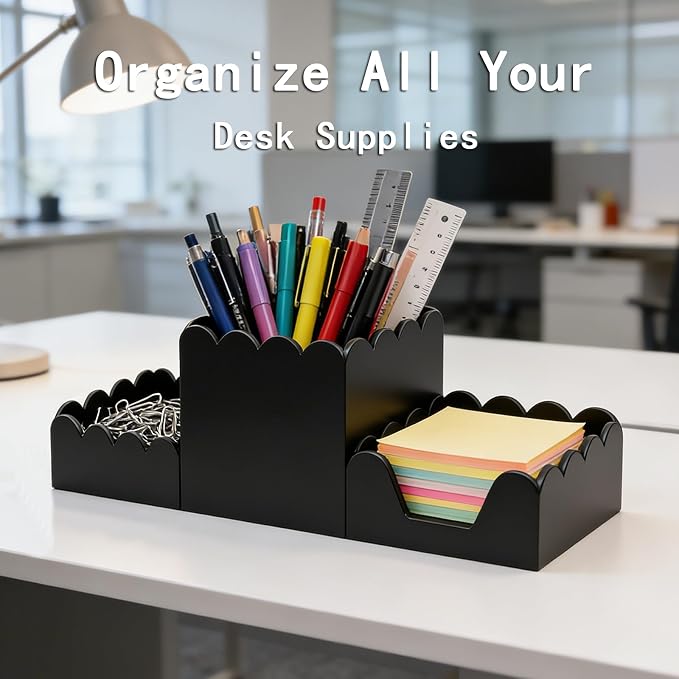 Acrylic Desk Organizer Set of 3, Magnetic Modular Pen Holder with Sticky Note & Paperclip Tray,Black Aesthetic Desk Accessories for Home Office, Desk Decor for Women Men, Small Space Office Supplies