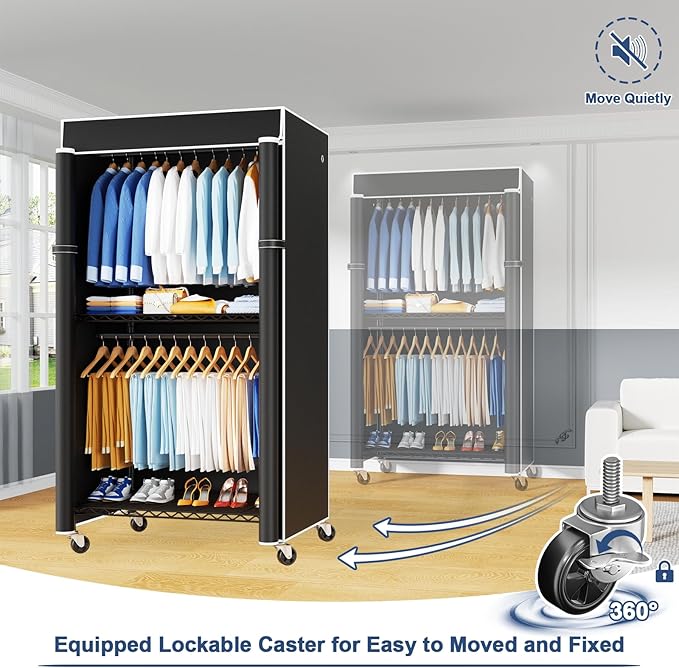 ULIFHOME P8C Heavy Duty Clothes Rack（With Extended Width Design） Rolling Clothing Racks for Hanging Clothes with Lockable Wheels，31.5" W x 15.8" D x 80.5" H，Max Load 600LBS，Black Rack with Black Cover