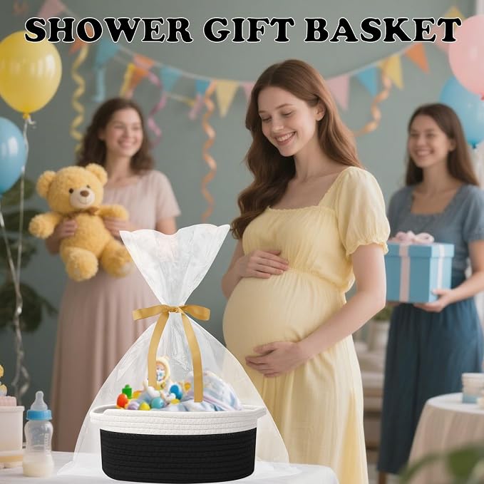Woven Rope Basket - Baby Gift Basket with Bag & Ribbon, White&Black | Cotton rope with handle, 12 x 8 x 5 in, gift bag and ribbon, for baby shower, birthday, toy storage, nursery, shelf decor