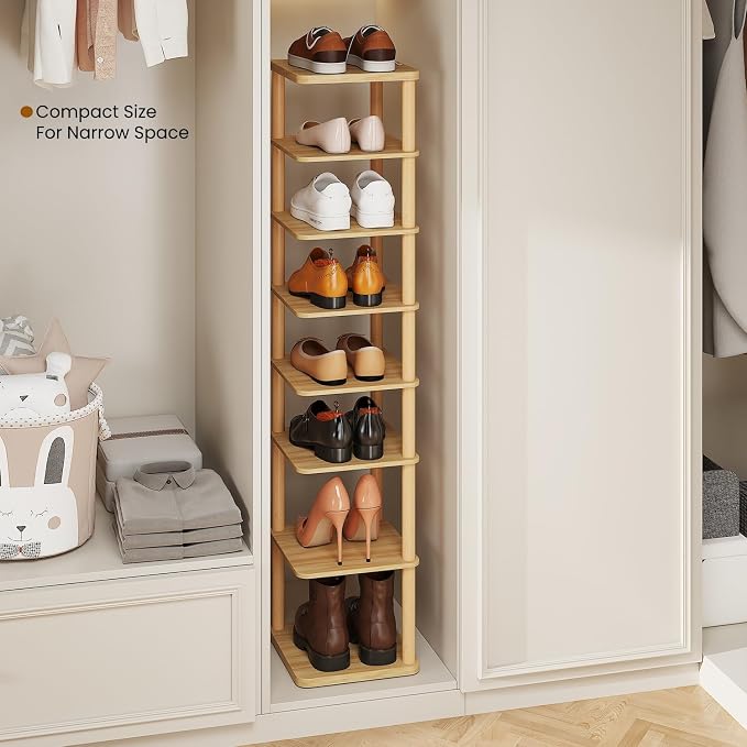 8 Tiers Vertical Shoe Rack Tall Narrow Shoe Tower Corner Shoe Rack, Natural | Small Shoe Organizer for Entryway, Closet, Dorm & Small Spaces, Freestanding Wooden Shoe Shelf for Boots, Sneakers, Heels.