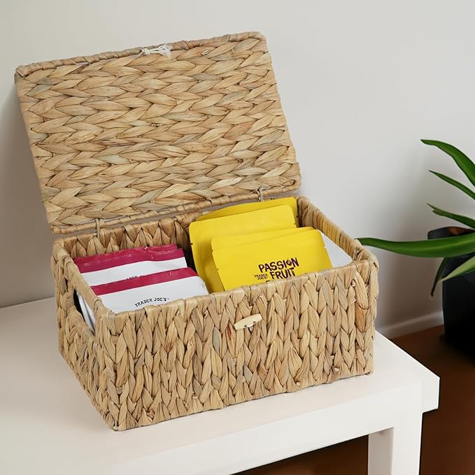 ORDELITE Water Hyacinth Wicker Storage Basket with Lid, Medium | Built-In Handles, Shelf Organizer Bin, Rectangular Woven Box, Multipurpose Home Storage, Natural Decor