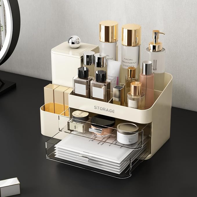 Large Makeup Organizer Countertop with Drawers, Make Up Organizer for Vanity, Makeup Storage Organizer Countertop Makeup Organizers for Skincare (Style2-Cream)
