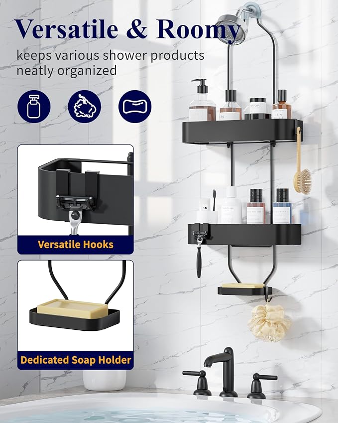Kitsure Shower Caddy Hanging, No-Drill Bathroom Shelves, Black, 28.5" H | Bathroom Organizers and Storage, Wobble-Free Shower Organizer with Adhesive Tapes, Rust-Proof Shower Storage for Toiletries