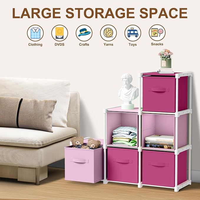 Briwooody 6 Cube Storage Organizer Storage Bins Shelf,Pink,Rose