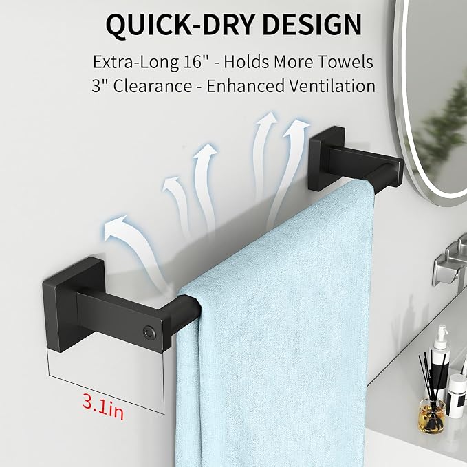 MKO Towel Bar for Bathroom, 16" 2 Pack Wall Mounted Towel Rack, Black | Hand Towel Holder Rod with Heavy-Duty Stainless Steel for Bathroom Kitchen Hanger, 2 Pack Value