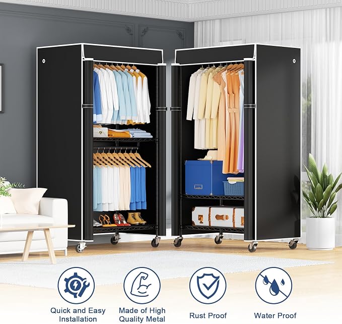 ULIFHOME P8C Heavy Duty Clothes Rack（With Extended Width Design） Rolling Clothing Racks for Hanging Clothes with Lockable Wheels，31.5" W x 15.8" D x 80.5" H，Max Load 600LBS，Black Rack with Black Cover