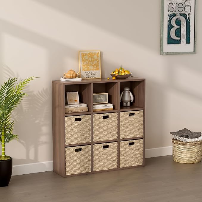 OSCHF 9-Cube Storage Shelf Bookcase, Walnut | Wooden 3-Tier Open Bookshelf, Fits 11×11" Bins, Vertical or Horizontal Use, Full Back Panels, For Home Office