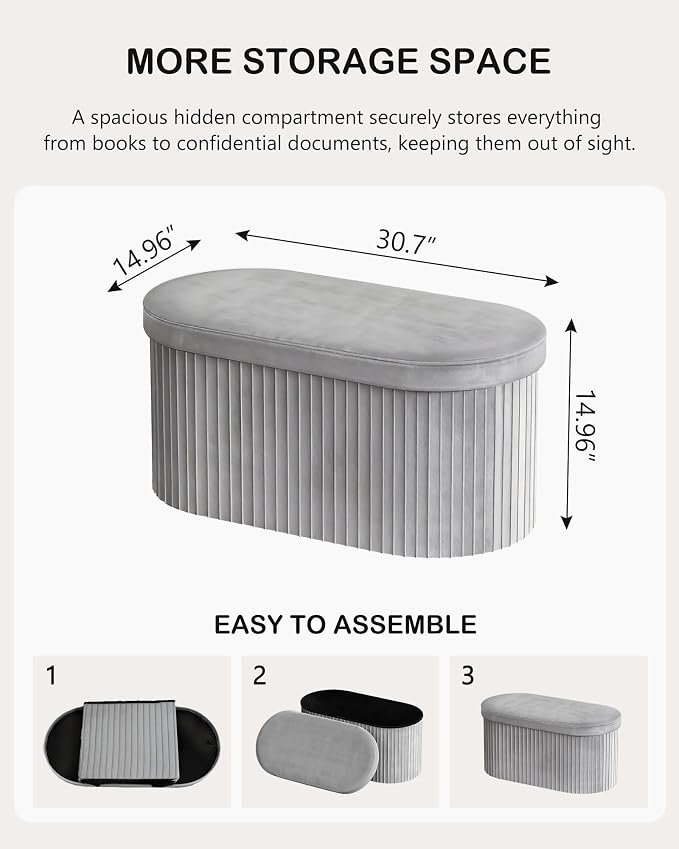 GLAXYFUR Folding Ottoman with Storage, Oval Velvet Storage Bench, Grey | Upholstered Foot Rest, 30 x 15 x 15 Inches Storage Chest for Bedroom, Living Room & Entryway