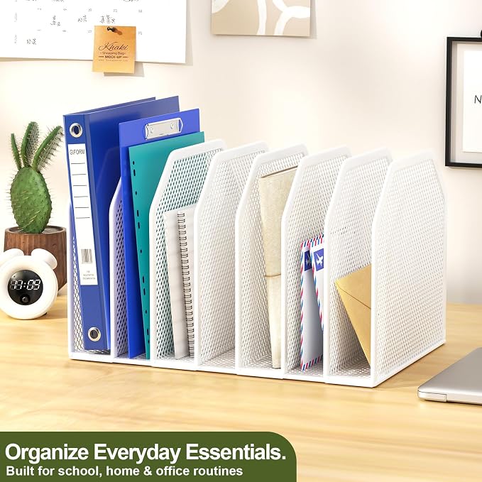 FANXIYQ White 7-Section File Folder Organizer for Desk, Metal Vertical File Holder Stand, Desktop File Organizer Rack for Letter/A4 Folders, Papers, Books, Office Classroom Home