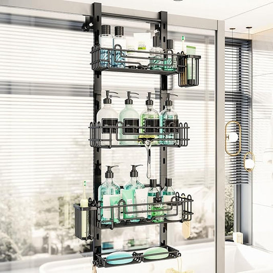 HapiRm Over the Door Shower Caddy - 4-Tier Hanging Shower Organizer with 22 Hooks and 2 Toothbrush Holders, No Drilling Adjustable Hanging Shelves for Bathroom - Black