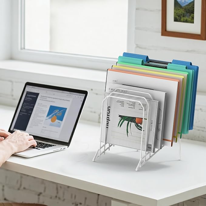 Incline Sorter Desk File Organizer, Metal Desk Magazine Folder Holder with 8-Section Vertical Compartments Rack File Organizer for Office, Home, School (2, White)