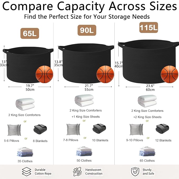 90L Extra Large Blanket Basket,Woven Rope Laundry Basket-Black | Collapsible, reinforced handles, nursery storage bin organizes clothes, toys and pillows for living room, bedroom bathroom