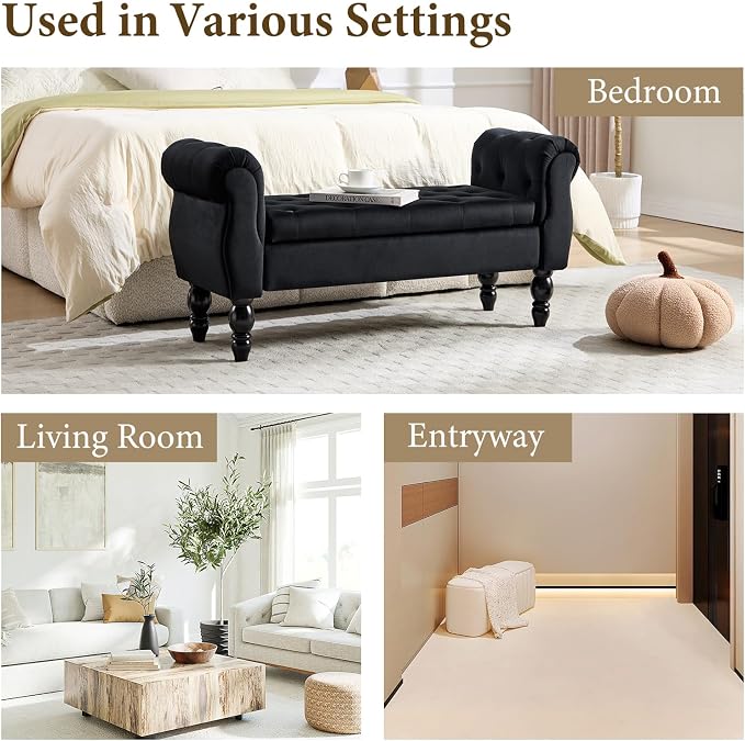 47″ Storage Bench with Arms End of Bed Bench,Velvet Entryway Bench with Storage, Button Tufted Upholstered Ottoman Bench Wood Legs, Window Sitting Bench for Bedroom/Living Room/Hallway, Black