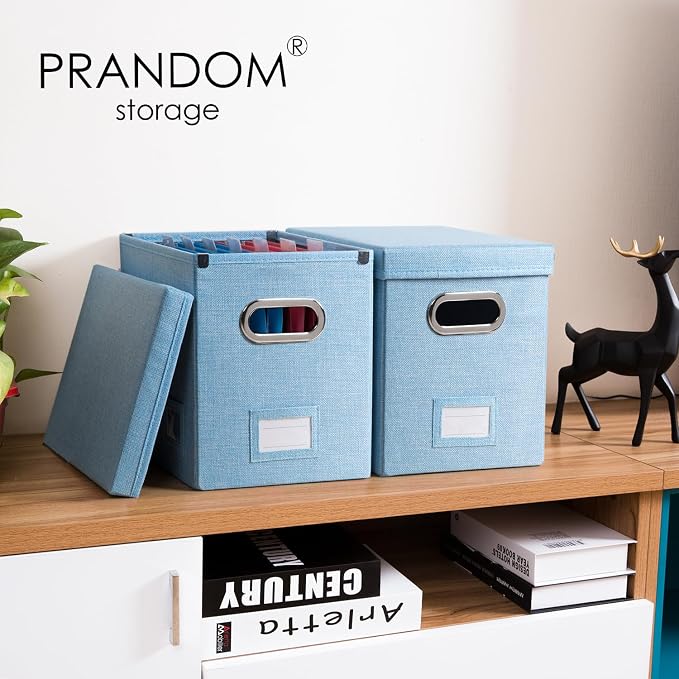 File Organizer Box - Set of 2 Collapsible Decorative Linen Filing Storage Hanging File Folders with Lids Office Cabinet Letter Size Blue (14x9.3x10.8 inch)