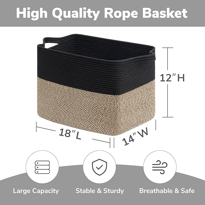 Goodpick 50L Large Wicker Blanket Basket, 18" x 14" x 12", Black Jute | Blankets, Pillows & Toys Storage, Decorative Storage Basket for Living Room & Bedroom Organization, Built-In Handles